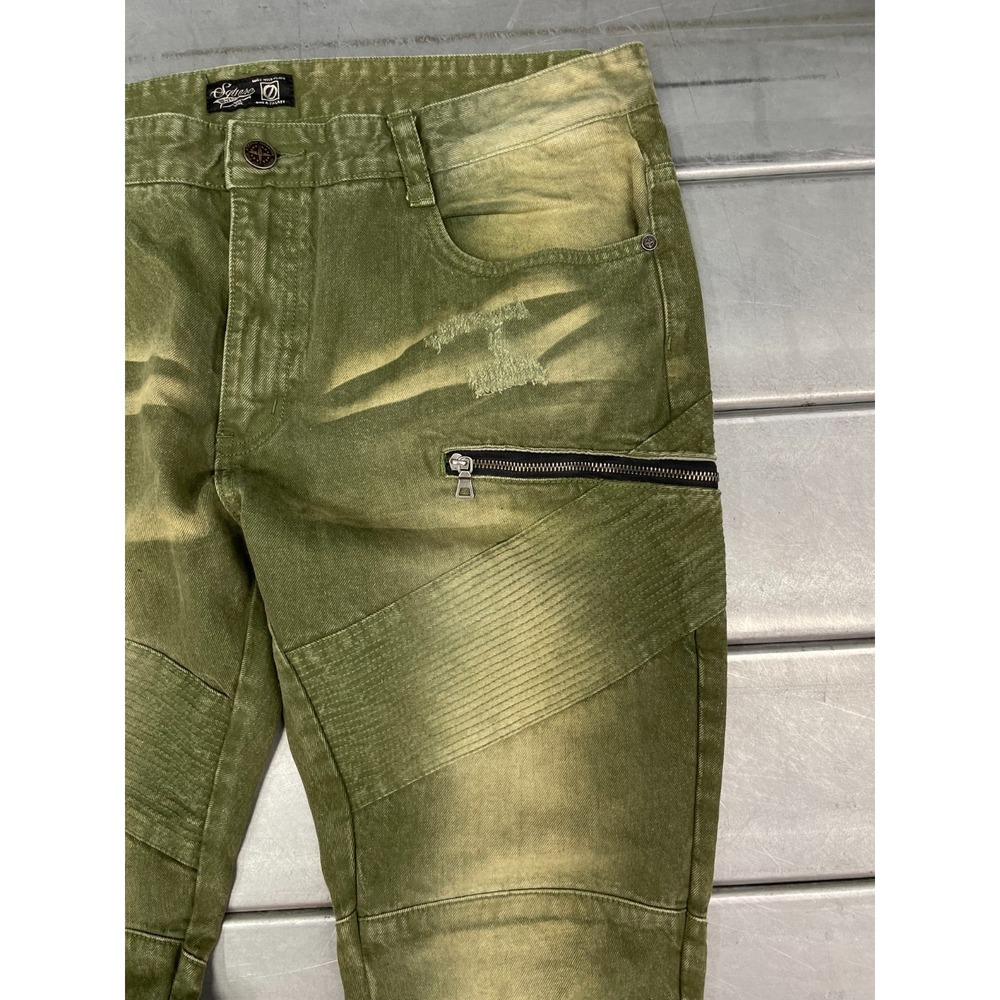 Square Zero Slim Straight Jeans Mens 40x33 Green Denim Faded Distressed Moto - Picture 4 of 16